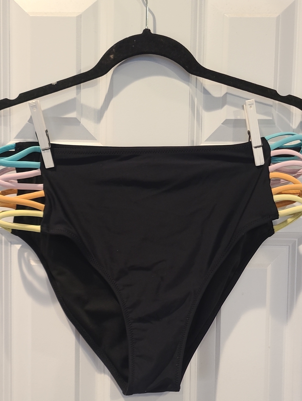 Black High-Waist Swim Bottoms with Pastel Side Straps - Picture 2 of 3